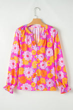 Load image into Gallery viewer, Rose Floral Print Flounce Sleeve Notched Neck Blouse

