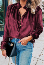 Load image into Gallery viewer, Burgundy Frilled Neck Buttoned Front Velvet Top
