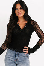 Load image into Gallery viewer, Black Sheer Lace Long Sleeve Slim Henley Top
