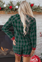 Load image into Gallery viewer, Green Plaid Contrast Patched Christmas Holiday Long Sleeve Shirt and Short 2pcs Pajama Set
