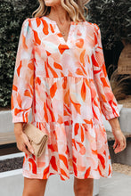 Load image into Gallery viewer, Orange Abstract Print Split Neck Long Sleeve Dress
