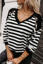 Load image into Gallery viewer, Black Stripe Crochet Hollow-out Back Buttoned Shoulder V Neck Top
