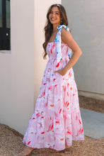 Load image into Gallery viewer, Pink Floral Print Knotted Shoulder Smocked Maxi Dress
