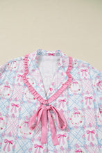 Load image into Gallery viewer, Pink Bow Wreath Pattern Christmas Holiday Tied Front Long Sleeve 2pcs Pajama Set
