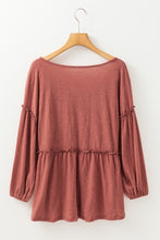 Load image into Gallery viewer, Mineral Red Solid Color Textured Frilled Trim V Neck Puff Sleeve Blouse
