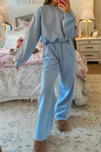 Load image into Gallery viewer, Beau Blue Floral Patchwork Drop Shoulder Pullover and Sweatpants Lounge Set
