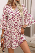 Load image into Gallery viewer, Pink Paisley Print Tiered 3/4 Sleeve Notched Neck Mini Dress
