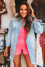 Load image into Gallery viewer, Beau Blue Mineral Wash Distressed Frayed Long Denim Jacket
