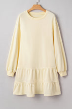 Load image into Gallery viewer, Beige Double Tiered Ruffle Hem Long Sleeve Loose Mini Dress
