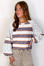 Load image into Gallery viewer, White Striped Floral Printed Patchwork Lantern Sleeve Blouse
