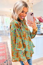 Load image into Gallery viewer, Green Tiger Floral Printed Collared V Neck Casual Shirt

