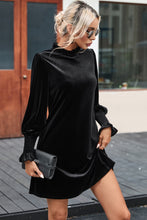 Load image into Gallery viewer, Black Velvet Frill Neck Long Sleeve Shift Dress
