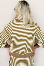 Load image into Gallery viewer, Brown Stripe Textured Drop Shoulder Pullover Top Drawstring Mini Skirt Two Piece Dress Set
