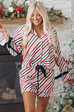 Load image into Gallery viewer, Green Stripe Contrast Velvet Ribbon Knot Christmas 2pcs Pajama Set
