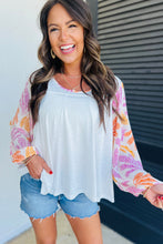 Load image into Gallery viewer, White Tropical Leaf Printed Patchwork Sleeve Round Neck Top
