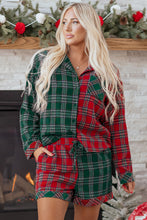 Load image into Gallery viewer, Red Plaid Contrast Patched Christmas Holiday Long Sleeve Shirt and Short 2pcs Pajama Set

