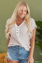 Load image into Gallery viewer, Khaki Stripe Buttoned Front V Neck Knitted T Shirt

