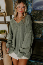 Load image into Gallery viewer, Four Leaf Clover Mineral Wash V Neck Knit Exposed Seam Drop Shoulder Loose Sweater
