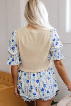 Load image into Gallery viewer, Beige Waffle Floral Patchwork Short Flounce Sleeve Peplum Blouse
