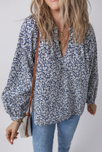 Load image into Gallery viewer, Blue Floral Print Notched V Neck Puff Sleeve Blouse
