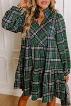 Load image into Gallery viewer, Green Plaid Print Frilly Collar Long Sleeve Shift Mini Dress
