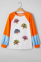Load image into Gallery viewer, Light Grey Thanksgiving Turkey Sequin Graphic Color Block Long Raglan Sleeve Top
