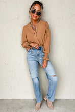 Load image into Gallery viewer, Straw Yellow Solid Color Shirred Cuff Notch V Neck Blouse
