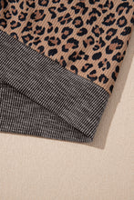 Load image into Gallery viewer, Khaki Ribbed Leopard Print Contrast Collar Zip Hooded Pullover Sweatshirt
