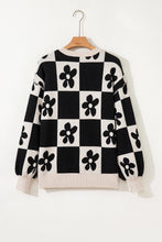 Load image into Gallery viewer, Black Flower Plaid Henley Baggy Sweater
