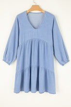 Load image into Gallery viewer, Beau Blue Puff Sleeve V Neck Tiered Ruffled Chambray Mini Dress
