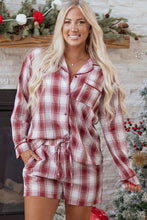 Load image into Gallery viewer, Red Retro Plaid Long Sleeve Shirt Drawstring Shorts 2pcs Lounge Set
