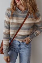 Load image into Gallery viewer, Gray Stripe Color Block Ribbed Edge Round Neck Sweater
