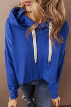 Load image into Gallery viewer, Dark Blue Solid Drop Shoulder Drawstring Cropped Hoodie
