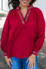 Load image into Gallery viewer, Racing Red Leopard Jacquard Print V Neck Textured Blouse
