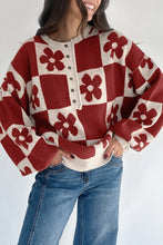 Load image into Gallery viewer, Red Dahlia Flower Plaid Henley Baggy Sweater
