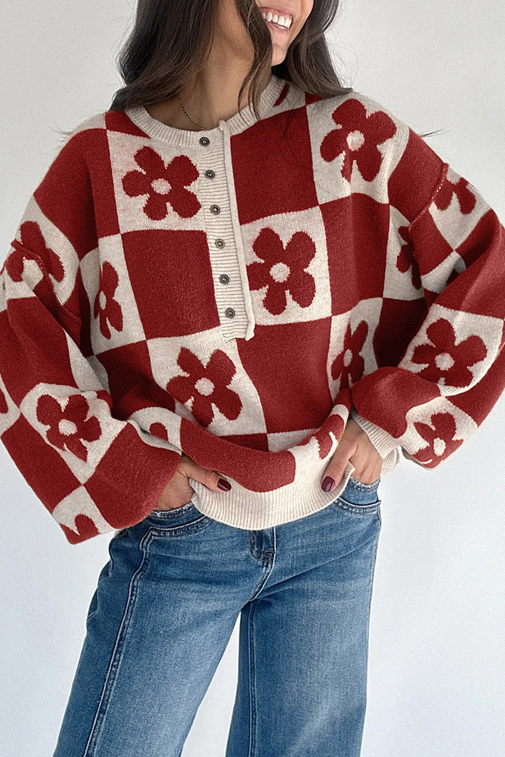 Red Dahlia Flower Plaid Henley Baggy Sweater