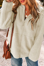 Load image into Gallery viewer, Beige Fleece Zip Up Drawstring Hooded Pocketed Jacket
