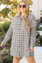 Load image into Gallery viewer, White Stripe Plus Size Plaid Buttoned Raw Hem Tunic Shirt Dress
