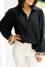 Load image into Gallery viewer, Black Contrast Leopard Print Patchwork Polo Collar Buttons Front Ruffled Long Sleeve Blouse
