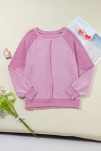 Load image into Gallery viewer, Pink Waffle Knit Patchwork Exposed Seam Raglan Sweatshirt
