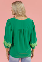 Load image into Gallery viewer, Green Contrast Floral Embroidered 3/4 Sleeve Notched V Neck Elegant Blouse
