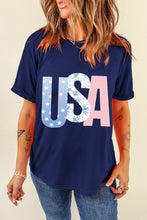 Load image into Gallery viewer, Blue USA Graphic July 4th Crew Neck T Shirt
