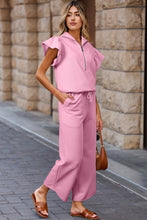 Load image into Gallery viewer, Pink Textured Ruffled Sleeve Zipped Top and Wide Leg Pants Set
