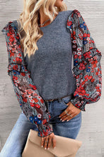 Load image into Gallery viewer, Blue Pale Chestnut Ruffle Tiered Floral Sleeve Crew Neck Blouse
