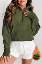 Load image into Gallery viewer, Green Fleece Lined Zip Up Stand Collar Thumbhole Sleeve Sweatshirt
