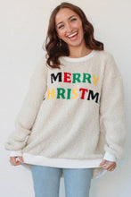Load image into Gallery viewer, White MERRY CHRISTMAS Multicolor Embroidered Sherpa Pullover Sweatshirt
