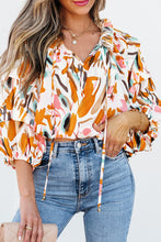 Load image into Gallery viewer, Yellow Abstract Print Drawstring Frilled V Neck 3/4 Sleeve Blouse

