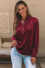 Load image into Gallery viewer, Burgundy Frilled Neck Buttoned Front Velvet Top
