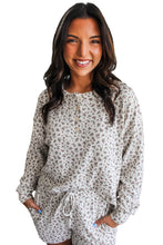 Load image into Gallery viewer, White Spiral Ribbed Floral Print Long Sleeve Henley Top Drawstring Short Set
