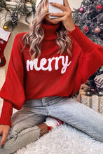 Load image into Gallery viewer, Fiery Red Merry Letter Embroidered High Neck Sweater
